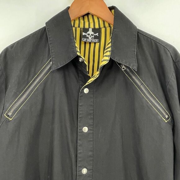 Lip Service Black Yellow Vintage Goth Punk Dual Zip Bondage Snap Shirt XL - Picture 2 of 8